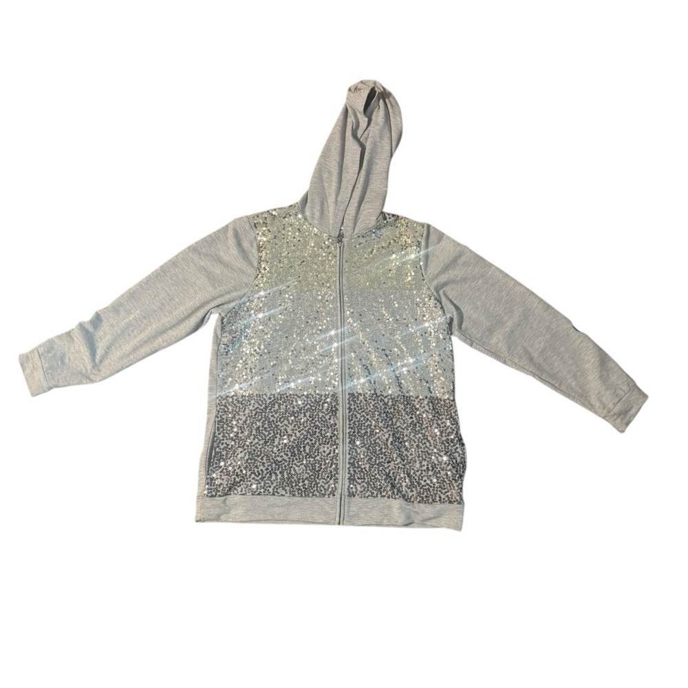 Quacker Factory Zip Up Sparkle Hoodie Sweatshirt Jacket Gray Sequin Size Large